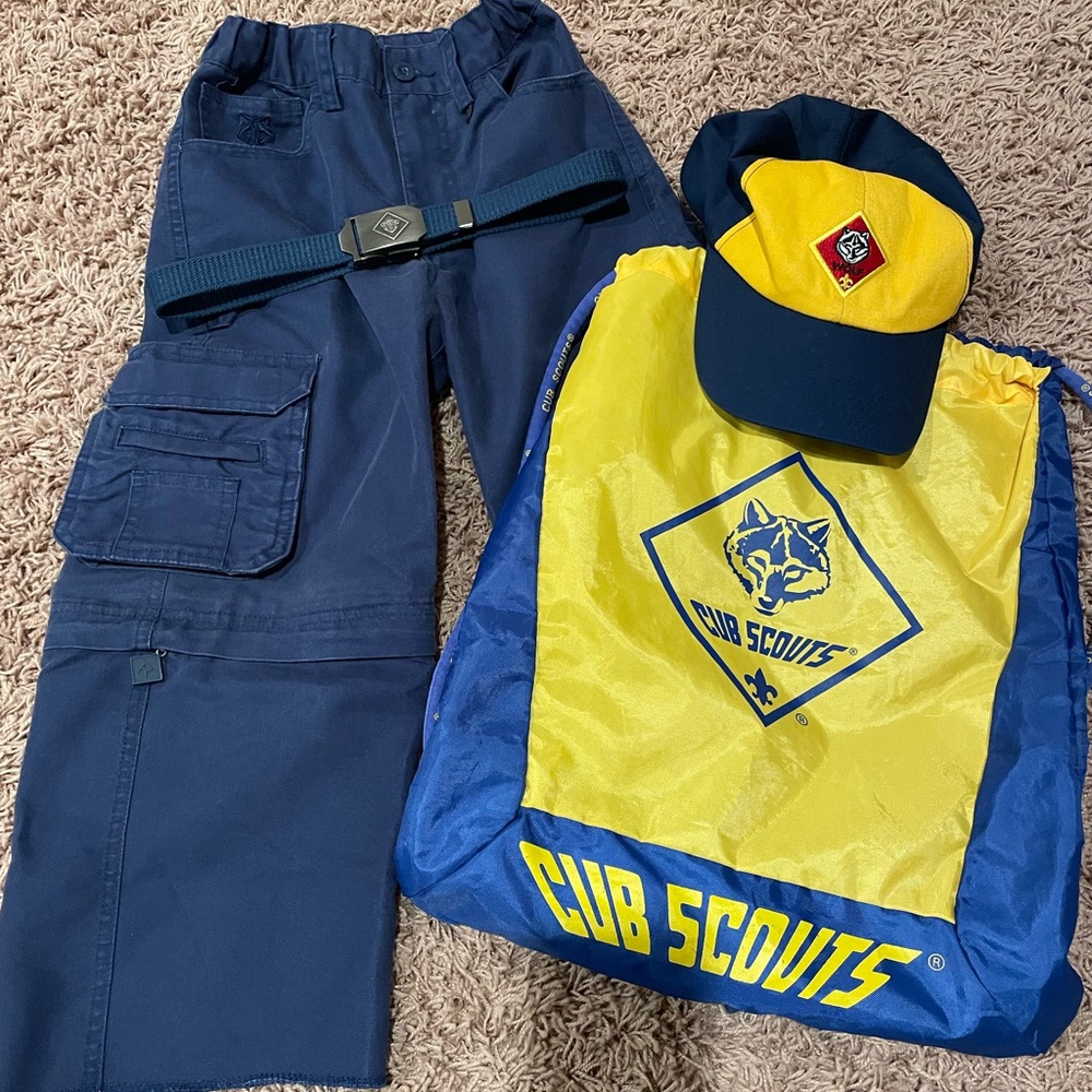 Boy Scout Pants, Belt, Wolf Hat and Backpack